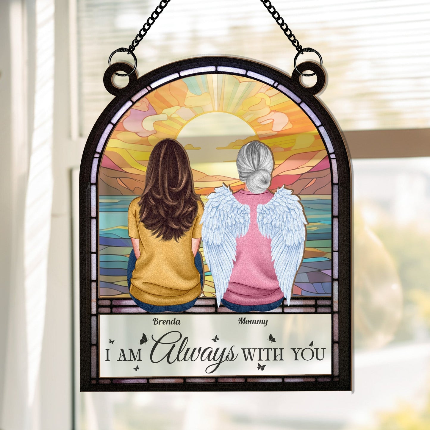 Wood & Acrylic Layered Ornament | “I Am Always With You” Sunset Angel Memorial Gift for Loved Ones