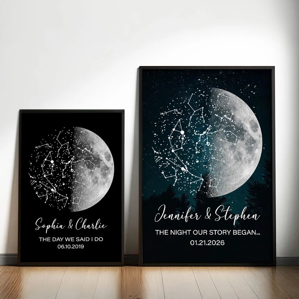 Personalized Moon Phase Star Map Poster for a Couple, Night Sky Wall Art, Unique Romantic Gift for Anniversary or Wedding