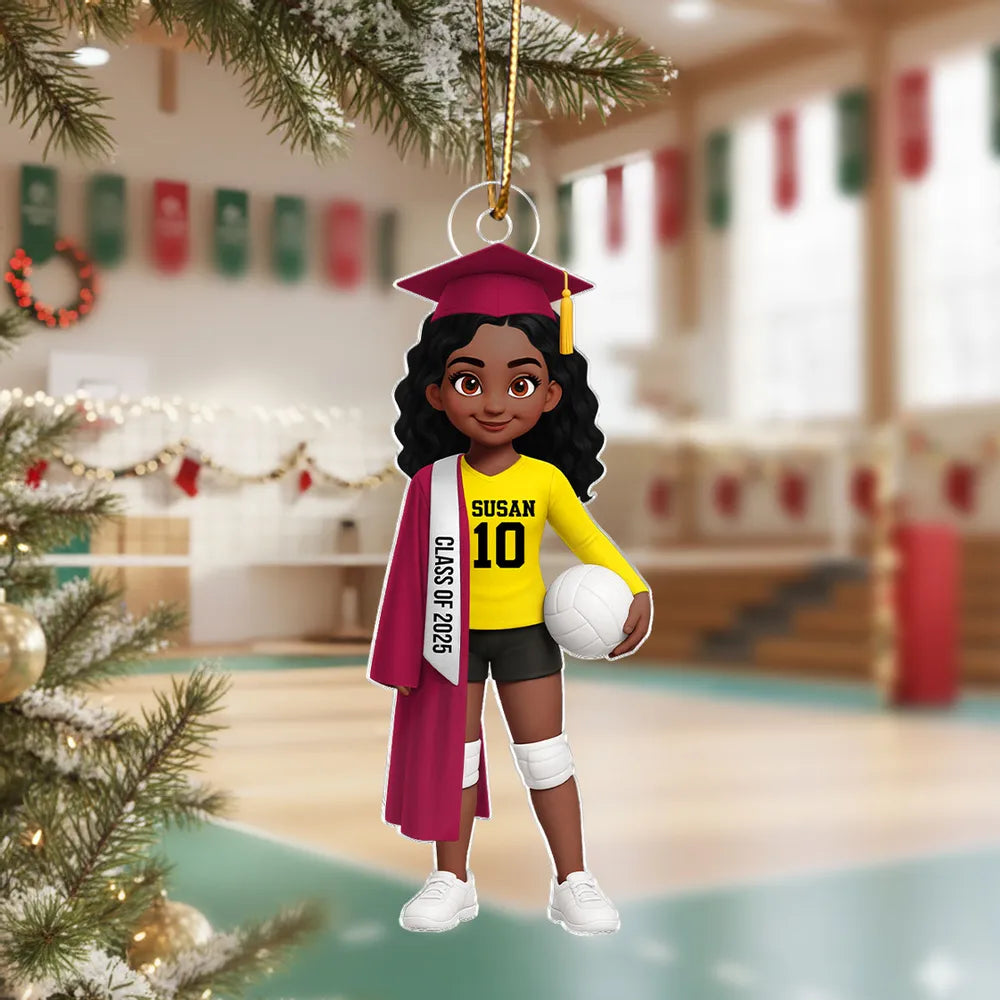 Graduation Volleyball Girl Acrylic Ornament with custom name & year, sporty keepsake gift for students and athletes