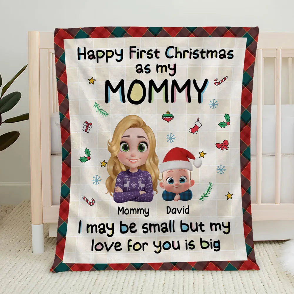 Personalized Fleece Blanket for First Christmas as My Mom, Cute Cartoon Design, Cozy Keepsake & Unique Gift