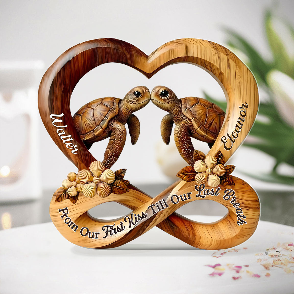 Personalized Shaped Acrylic Block Plaque Turtle Kiss in Heart Infinity Design - Unique Romantic Gift for Couples