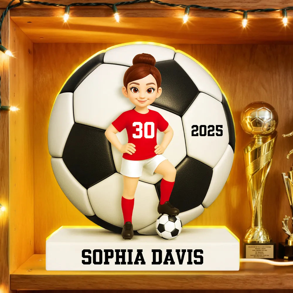Personalized Acrylic Light Box Soccer Girl Lamp with Custom Player Design, Soft Warm Glow Bedroom Décor, Unique Gift for Young Athletes