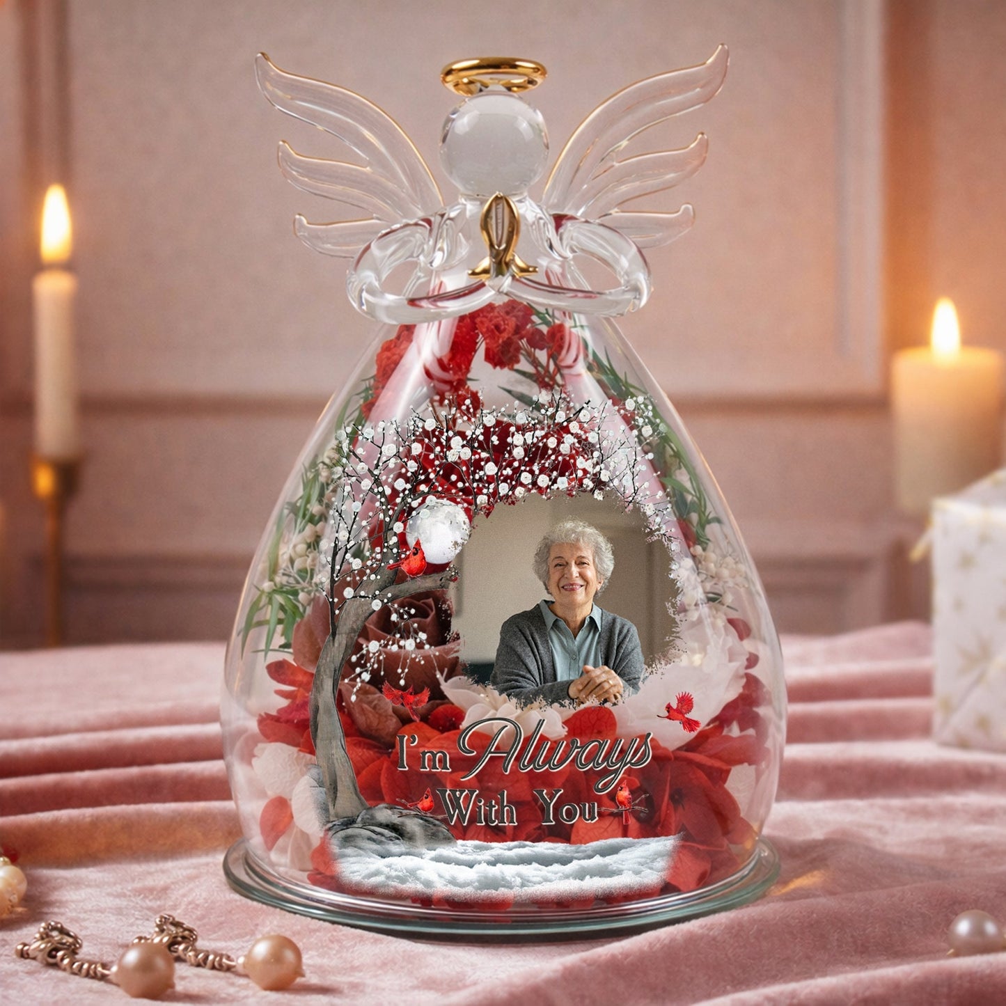 Personalized LED Floral Angel Figurine With Photo, 'I'm Always With You' Keepsake, Unique Memorial Gift