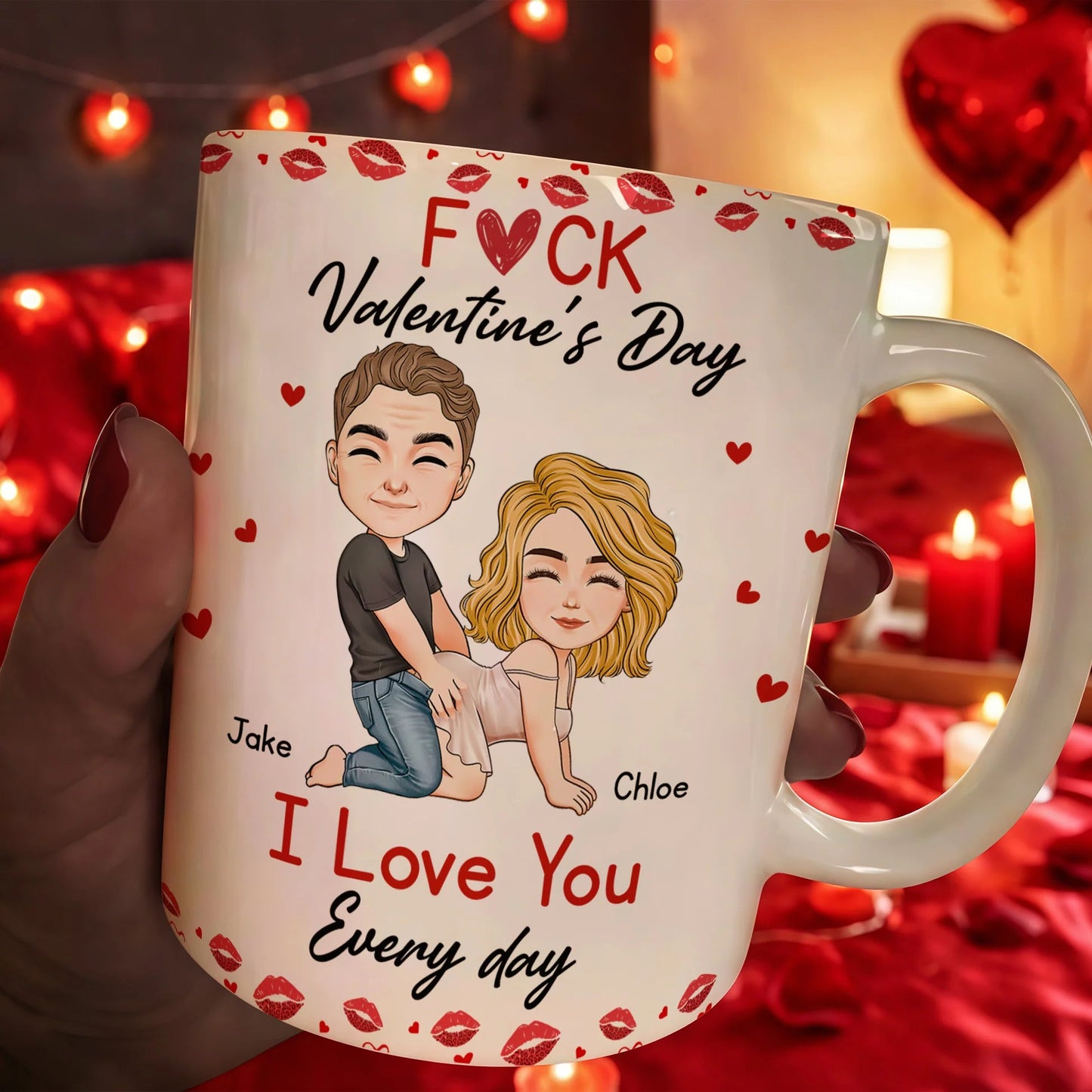 Ceramic Mug With Playful Valentine Hearts and Kiss Prints, Personalized Couple Gift, Funny Romantic Daily Coffee Surprise