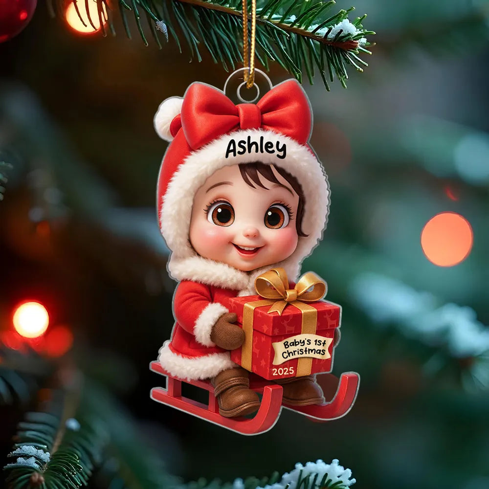 Acrylic Ornament with Baby in Santa Outfit on Sleigh, High Clarity, Heartwarming Christmas Gift