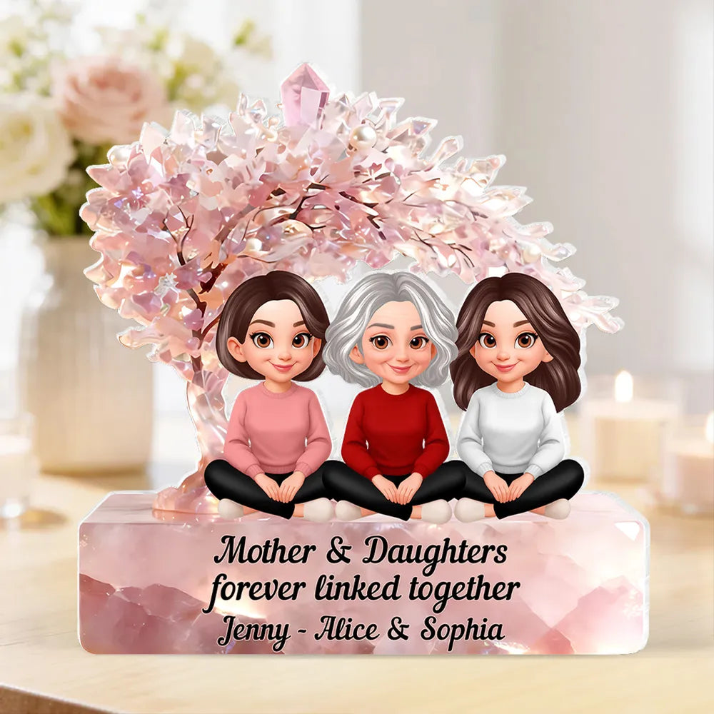 Personalized Shaped Acrylic Block Plaque, Mother & Daughters Under Pink Blossom Tree, Unique Gift for Mom