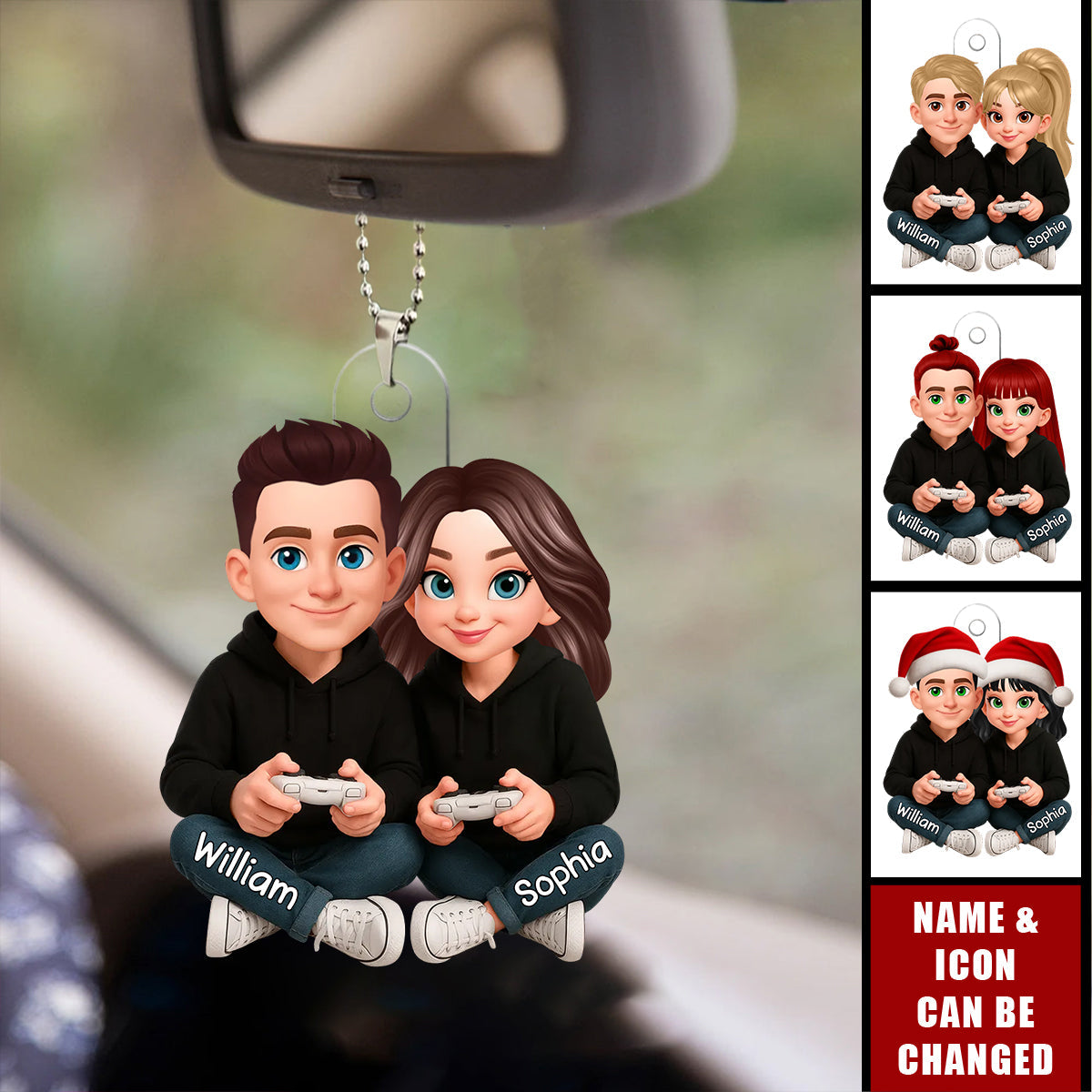 Personalized Acrylic Car Hanger Cute Gamer Couple Cartoon Car Mirror Decor Unique Gift for Couples, Sweet Daily Reminder