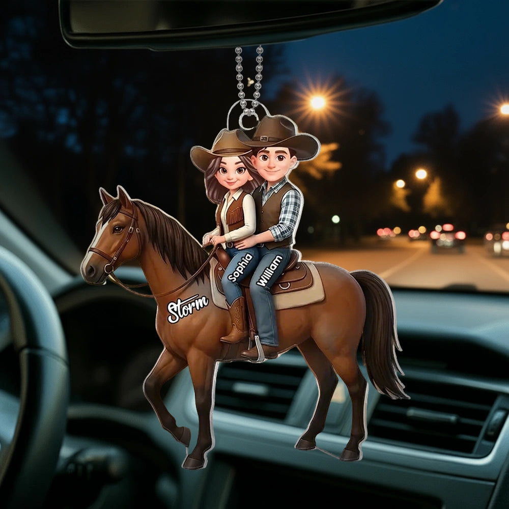 Personalized Acrylic Car Hanger Cute Cartoon Couple Riding a Horse, Unique Car Mirror Decor Gift for Horse Lovers