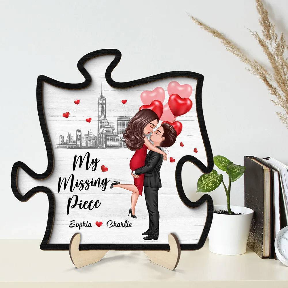 Heart's Embrace - 'My Missing Piece' Personalized Hugging Couple 2-Layer Wooden Plaque - Ideal for Valentine's & Anniversary