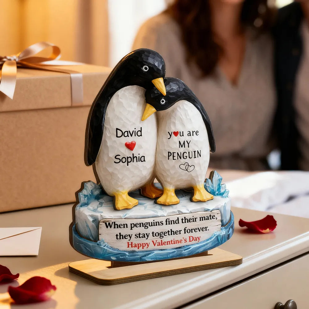 Personalized 2-Layer Wooden Plaque Penguin Couple Hugging for Valentine's Day, a Unique Romantic Gift for Him or Her