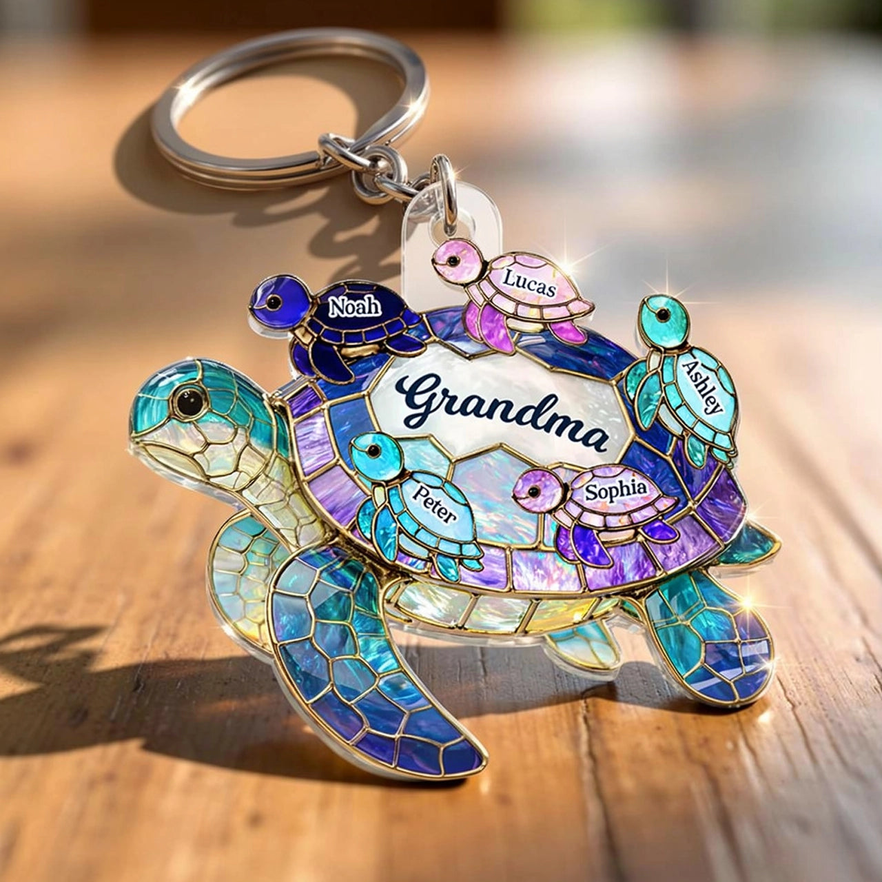 Personalized Sea Turtle Acrylic Keychain for Grandma - Bright Stained Glass Style Beach Charm, Unique Gift for Her