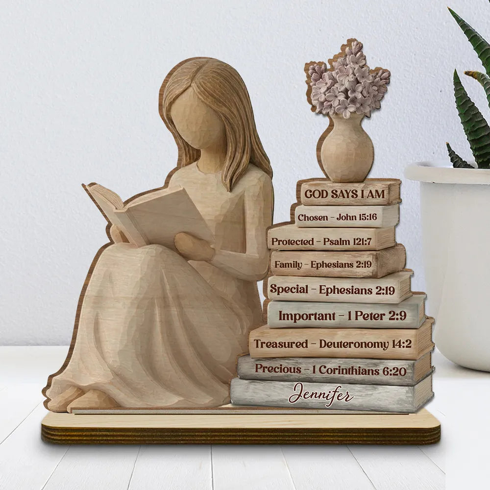 Personalized 2-Layer Wooden Plaque God Says I Am Book Stack Design for Nursery or Living Room, Unique Faith Gift for Her
