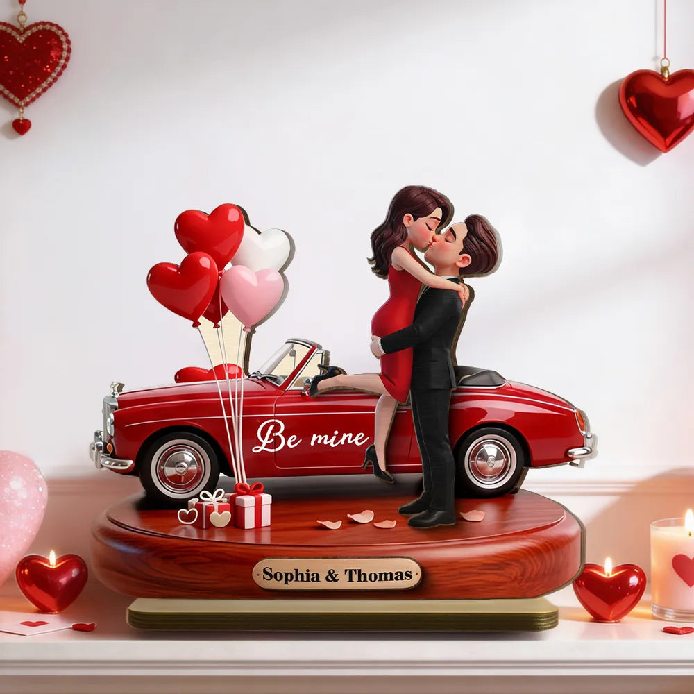 Romantic Personalized Wooden Plaque with Hugging Kissing Couple and Heart Balloons, Sweet Be Mine Gift for Couples and Valentine Decor