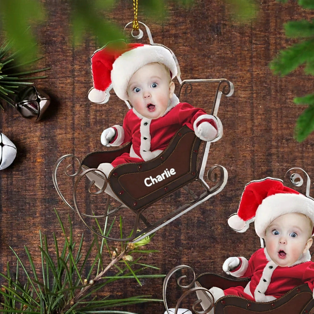 Acrylic Ornament Custom Photo Santa Baby in Sleigh for Christmas Tree, Keepsake, Unique Gift for Parents and Grandparents