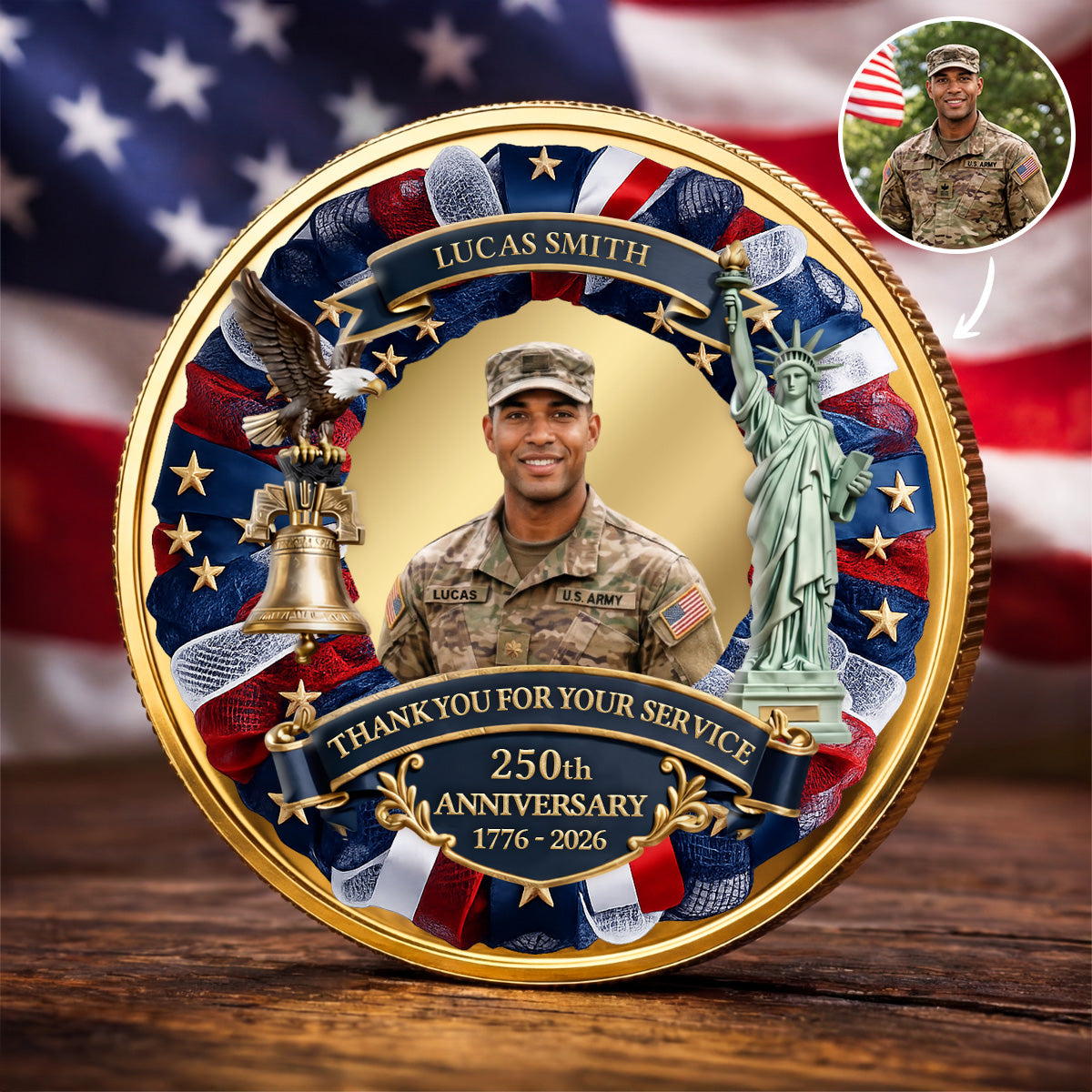 Personalized Alloy Keepsake Coin with Photo - Thank You for Your Service Patriotic Gift for Service Member