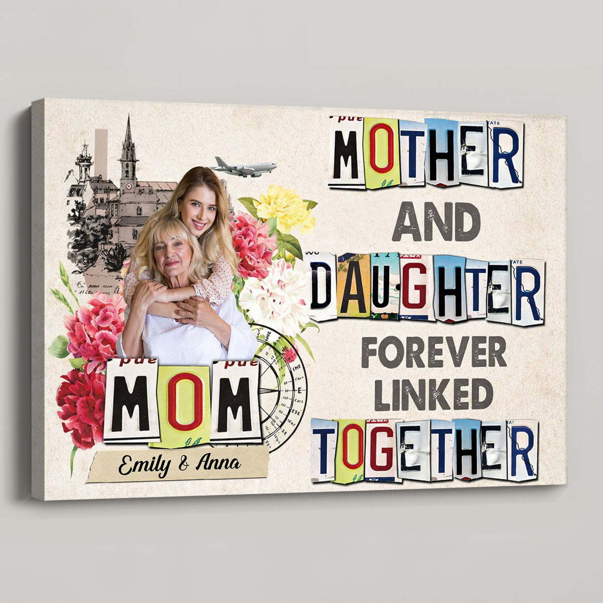 Personalized Mother and Daughter Poster with Your Photo, Floral Collage Wall Art, Unique Gift for Mom