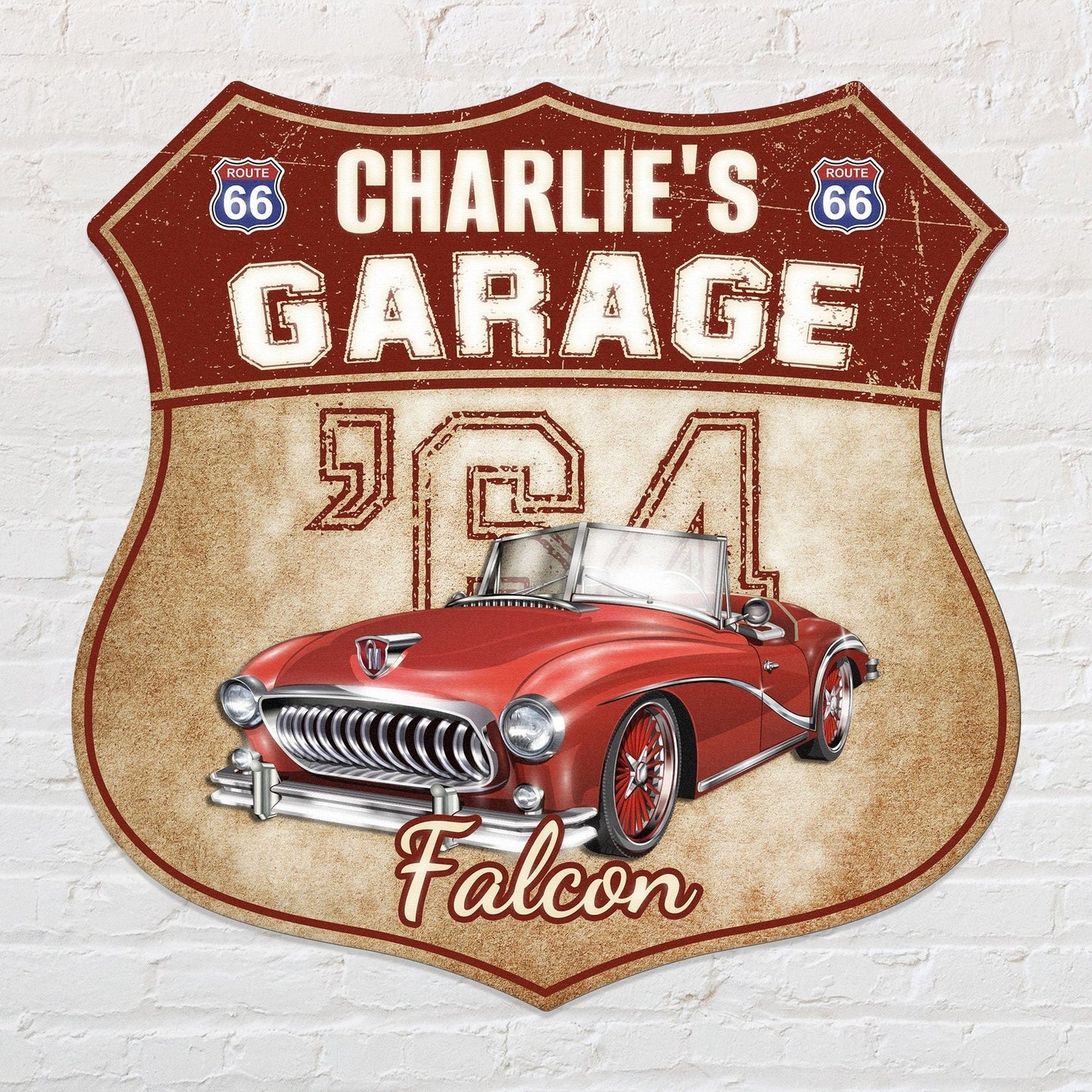My Garage My Car Personalized Shaped Metal Sign, Vintage Route 66 Style With Classic Convertible, Unique Gift for Dad