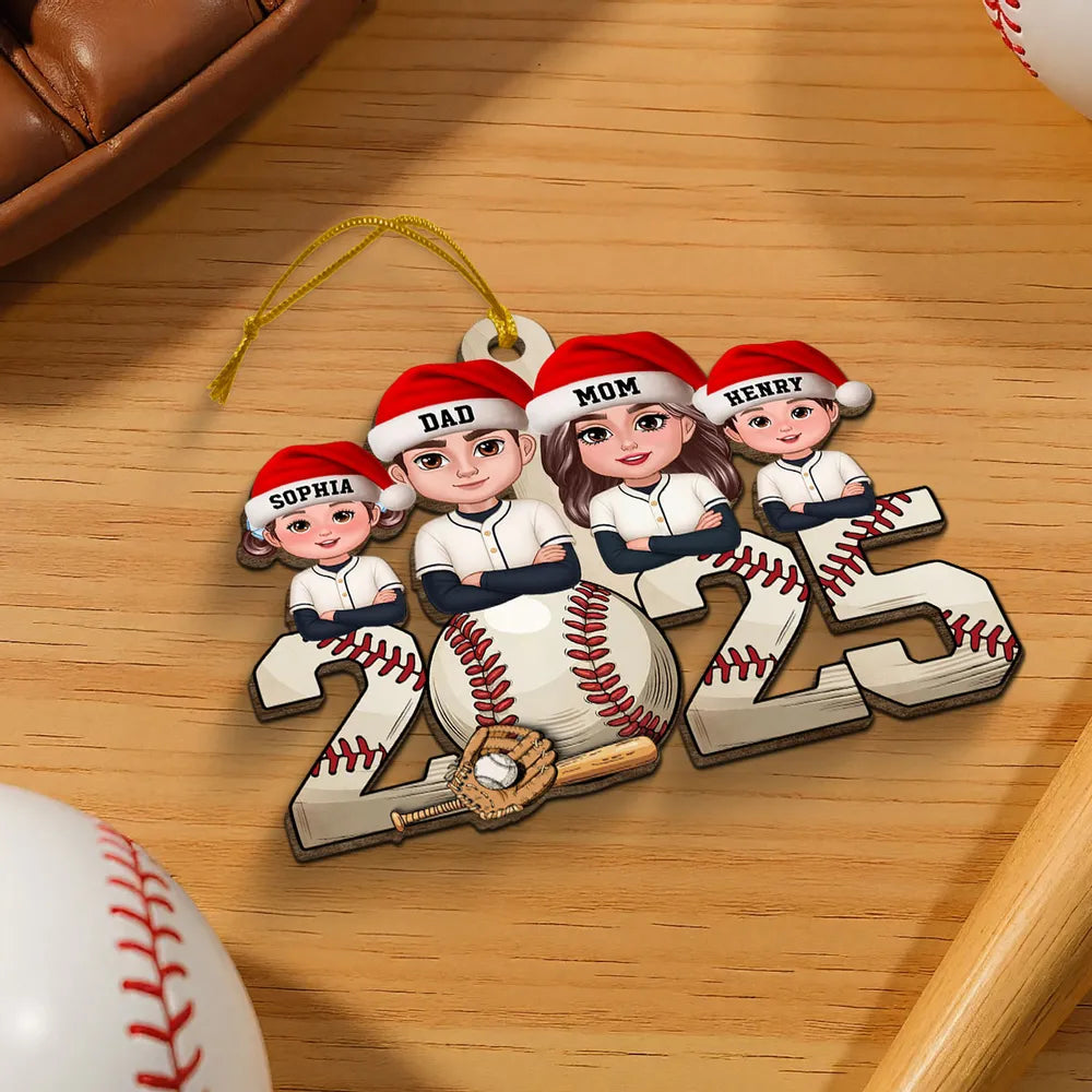 Wooden Baseball Ornament with Cartoon Family Design, Cozy Holiday Décor and Thoughtful Gift for Loved Ones
