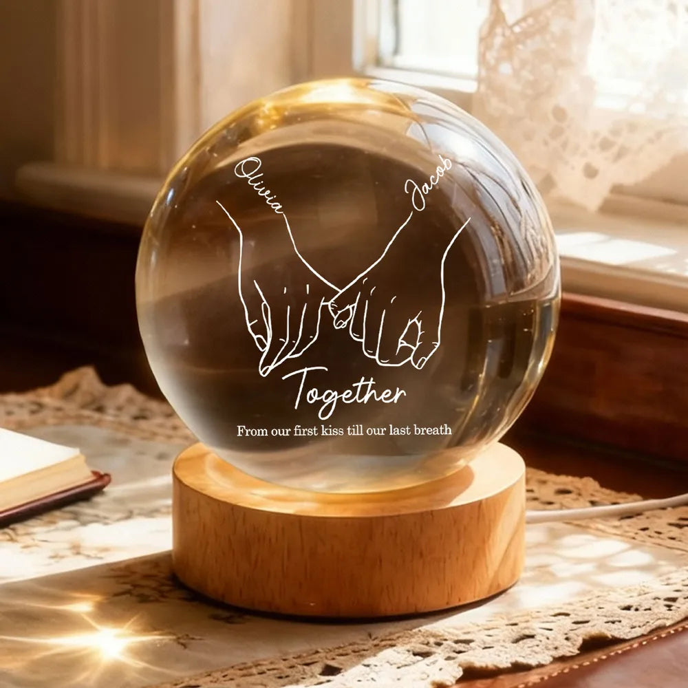 Personalized Globe Lamp with Interlocked Hands Quote Nightstand Decor, Unique Romantic Gift for Couples