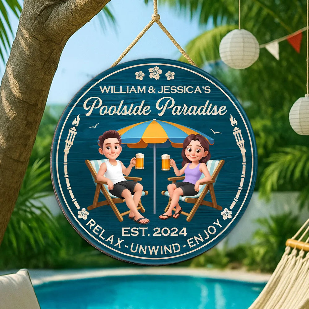 Poolside Paradise Wooden Sign – Personalized Couple Design, Romantic Backyard Gift for Lover