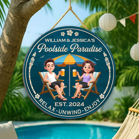 Poolside Paradise Wooden Sign – Personalized Couple Design, Romantic Backyard Gift for Lover