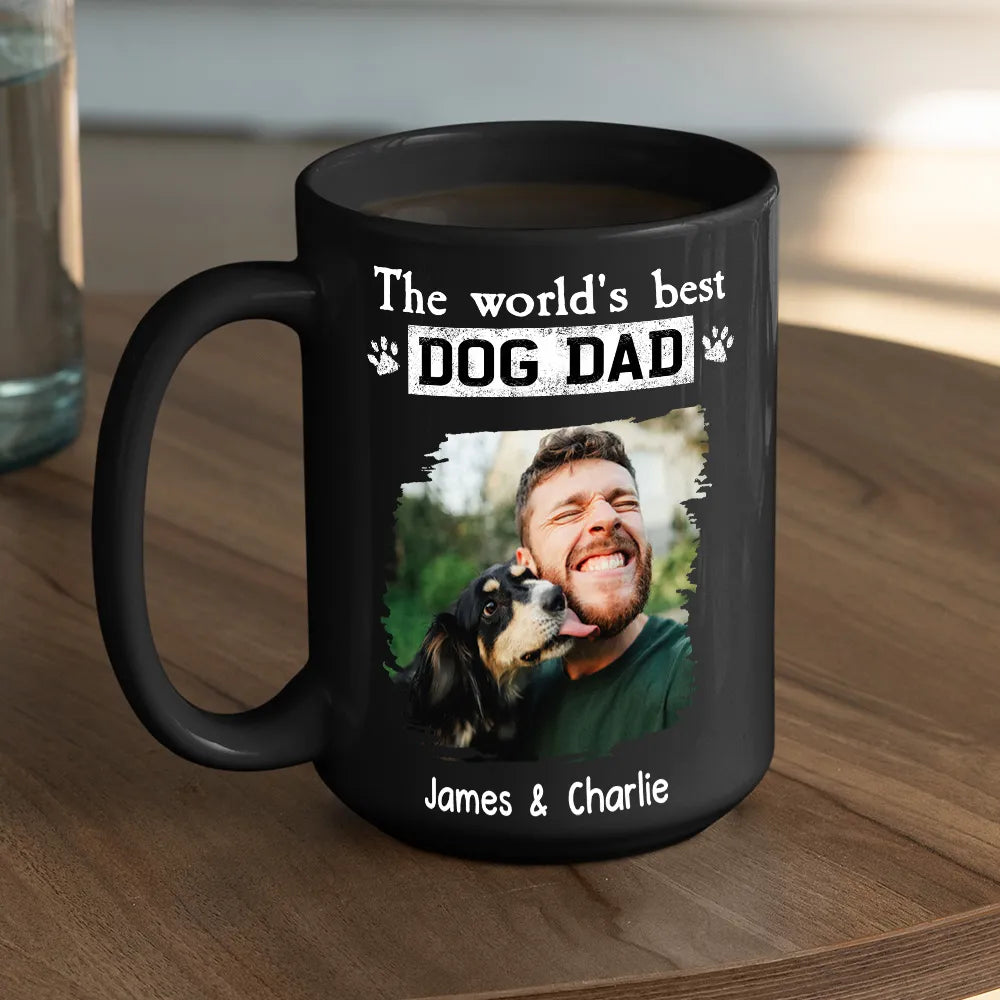World's Best Dog Dad Mug - Custom Full Color Photo, outdoor lick moment, cozy coffee joy, unique gift for Dad