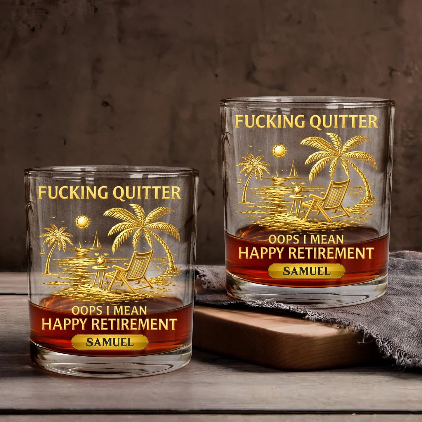 Funny Happy Retirement Whiskey Glass, Personalized Name Gift with Beach Chair Sunset Design - A Classy Bar Keepsake