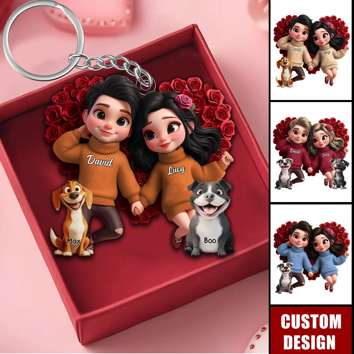 Personalized Acrylic Keychain – Cute Cartoon Couple with Their Dog, Holding Hands Surrounded by Roses, Custom Love Keepsake for Couples, Families or Dog Loves