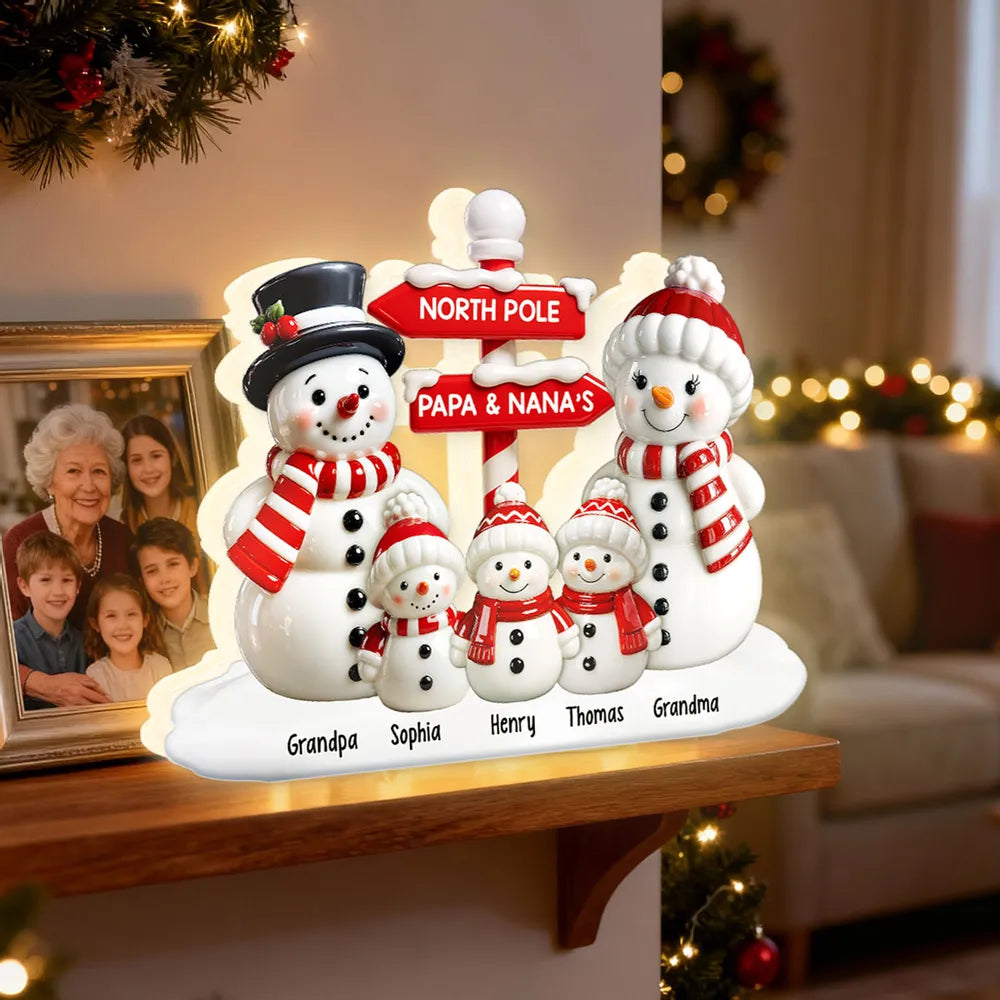 Personalized Acrylic Light Box with Snowman Family, North Pole Sign & Soft Warm Glow – Cute Christmas Decor & Unique Gift for Grandparents