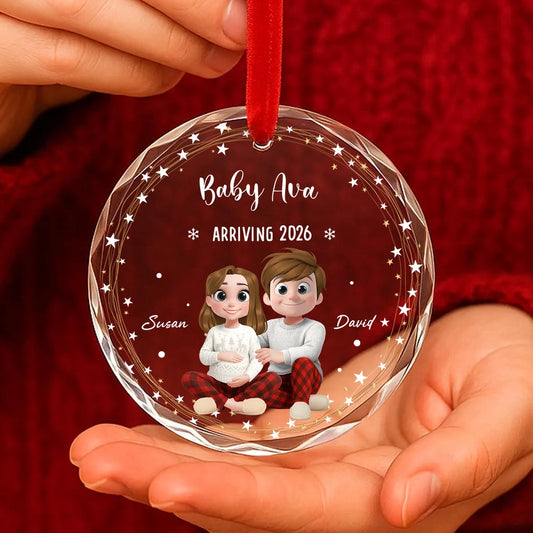 Crystal Ornament for Baby Announcement with cute couple illustration, heartwarming keepsake and perfect family gift
