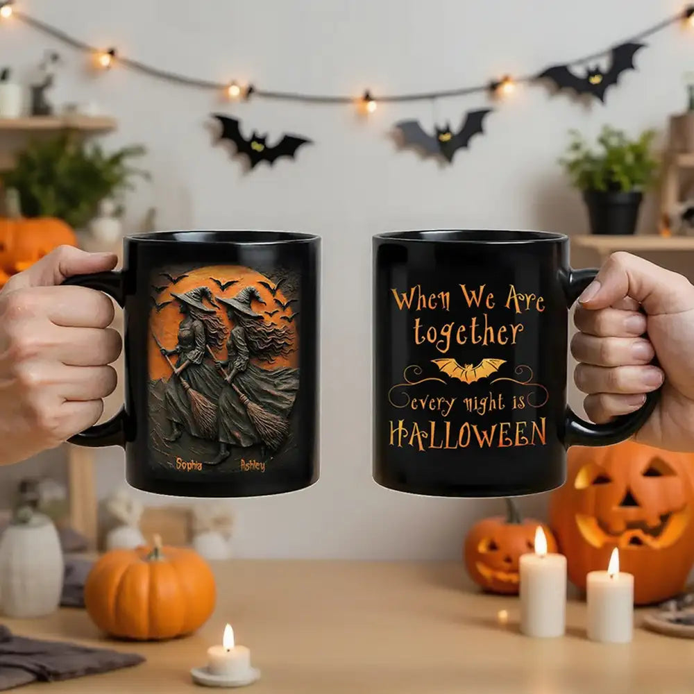 Custom Halloween Mug with Twin Witches & Spooky Night Design