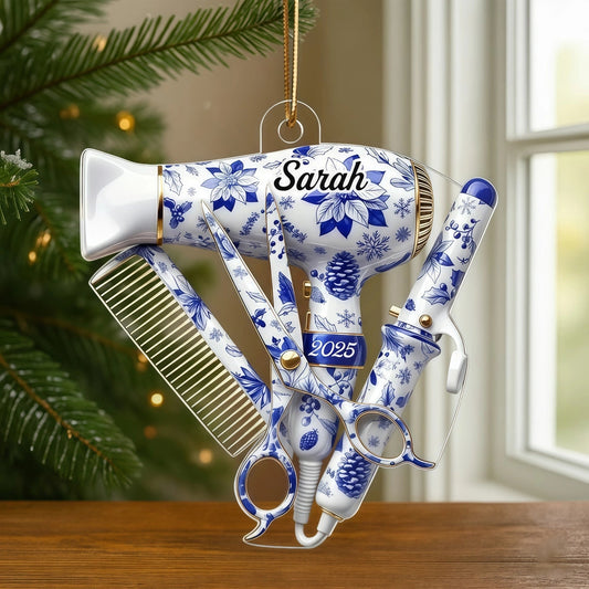 Hairdresser Things Acrylic Ornament with Custom Name – Elegant Blue Floral Salon Tool Design, Festive Tree Decor and Creative Gift for Your Favorite Stylist