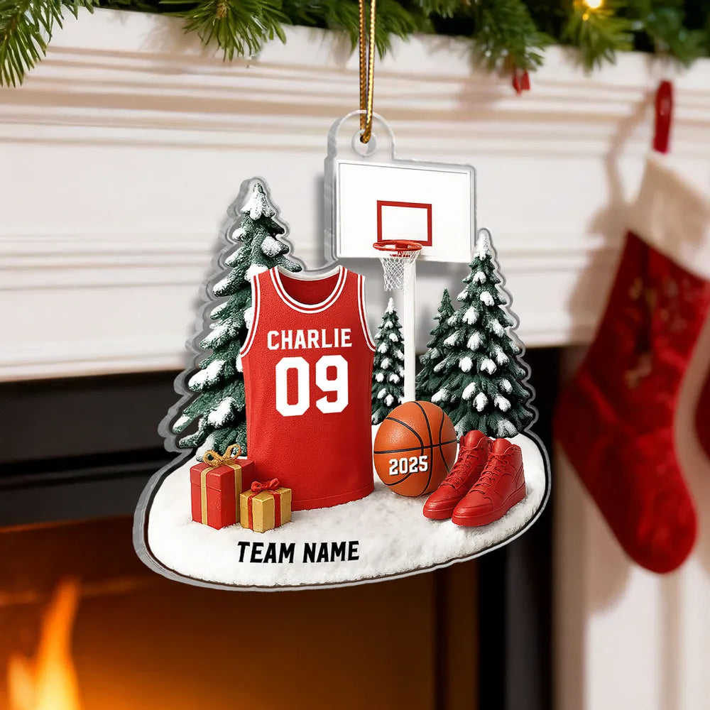 Basketball Acrylic Ornament for Christmas Tree, customizable details, snowy court scene, perfect gift for players, fans, and coaches