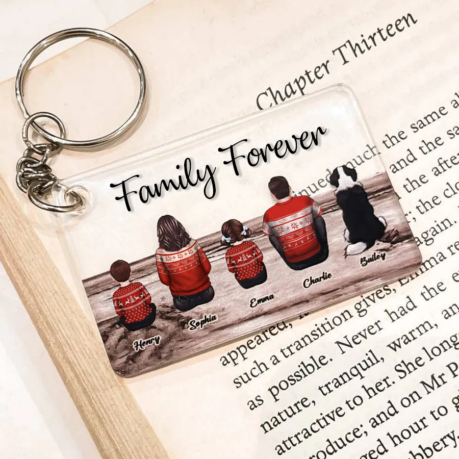 Beach Landscape Family Sitting Back View - Personalized Keychain or Poster or Plaque or Car Hanger or Pillow or Wallet or Wallet Card or Cap or Cup- Ideal Gift for Loved Ones