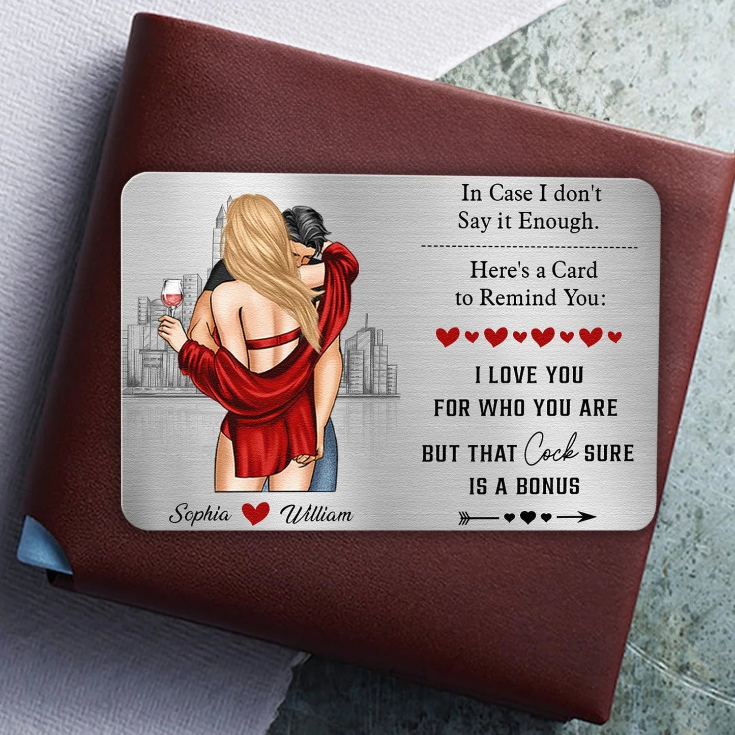 Personalized Metal Wallet Card Couples Hugging City Sketch - Funny Love Note Keepsake, Unique Gift for Husband or Boyfriend