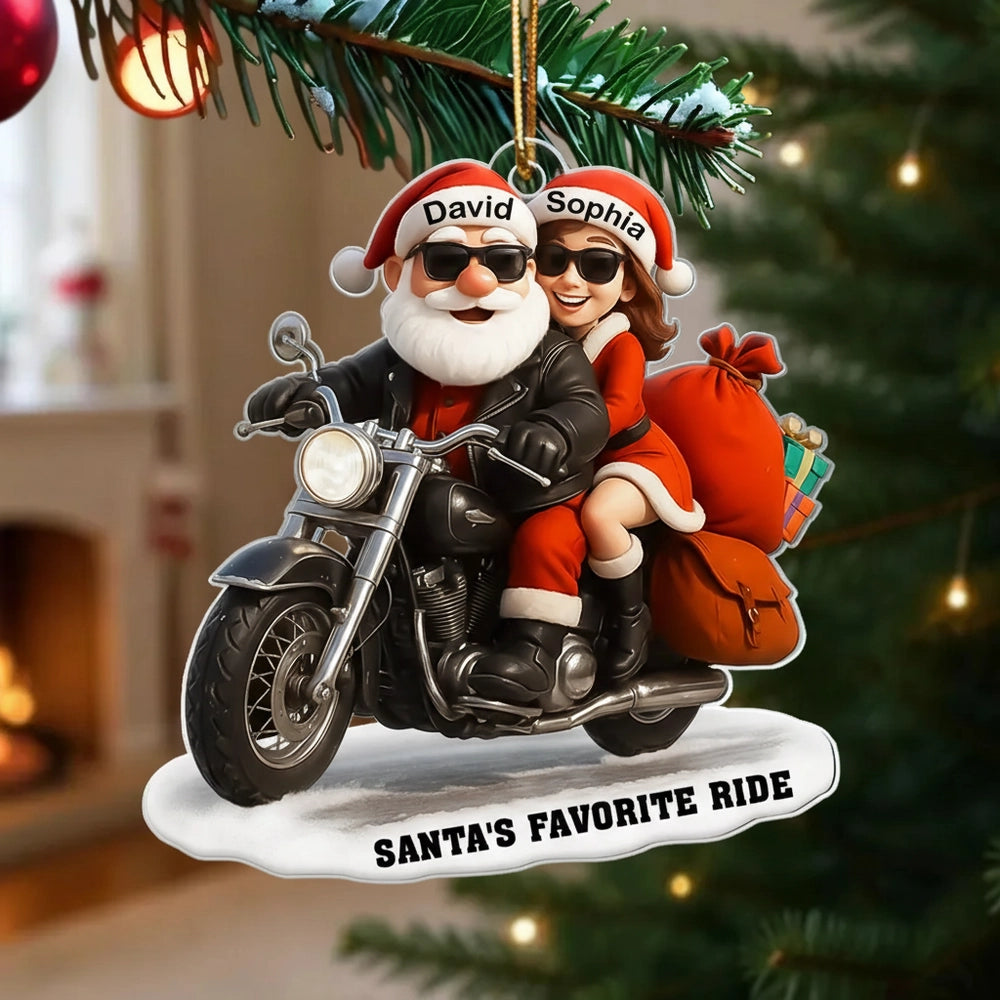 Acrylic Ornament Santa Biker Couple Ride, Christmas Tree Decor, Customizable Keepsake, Unique Gift for Couples