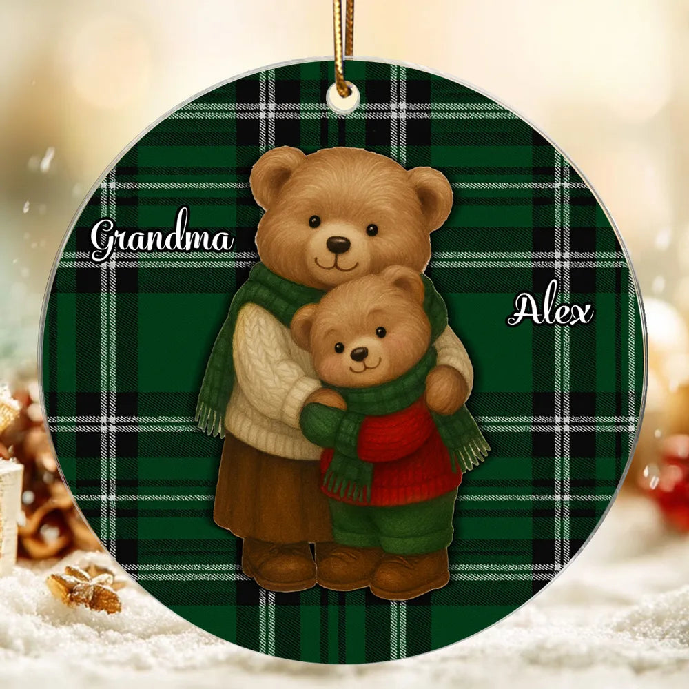 Personalized Acrylic Ornament for Grandma & Grandkids – Cozy Teddy Bear Hug, Plaid Christmas Decor, Unique Heartwarming Gift