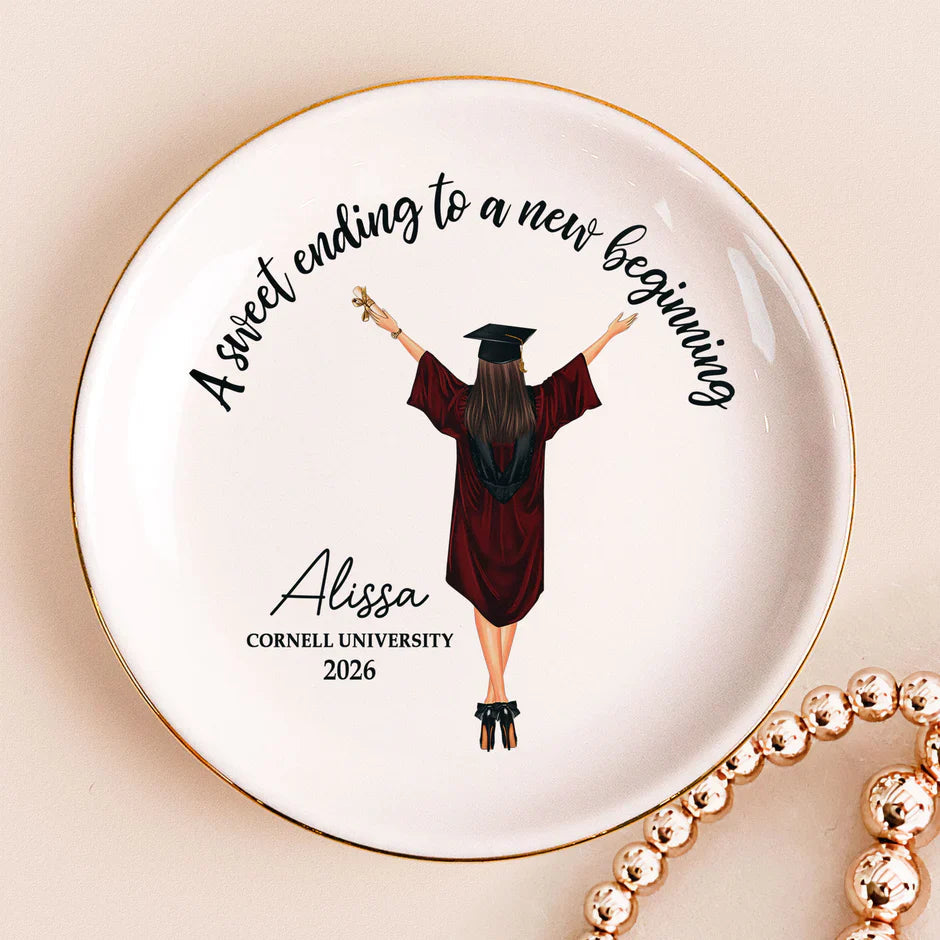 Personalized Graduation Jewelry Dish with 'A sweet ending to a new beginning' Quote, Unique Keepsake Gift for Her