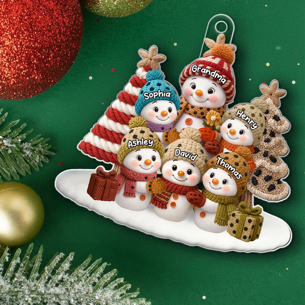 Acrylic Ornament Snowman Grandma & Grandkids, Embroidered-Effect Christmas Tree Decor, Unique Gift for Grandma