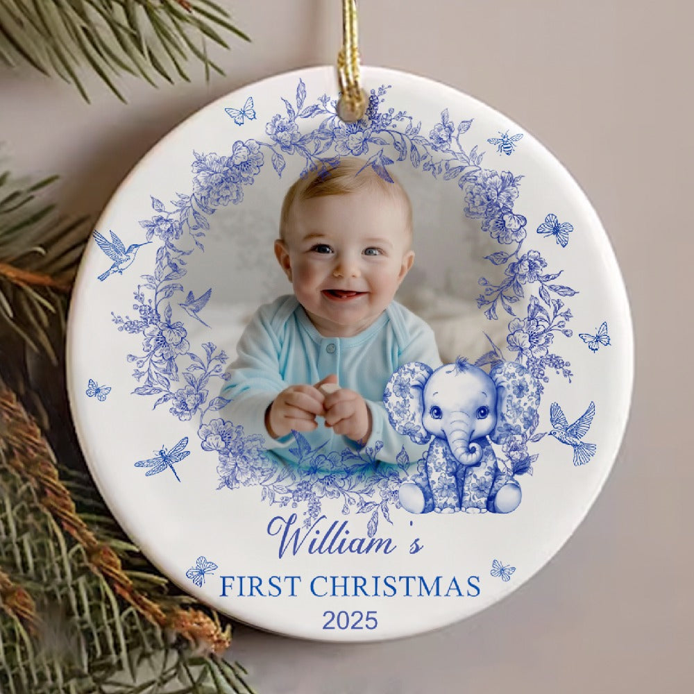 Ceramic Ornament with Baby’s First Christmas Theme, Blue Floral Wreath Design, Perfect Keepsake Gift for Newborn Celebration