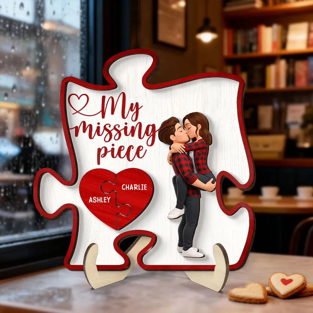2-Layer Wooden Plaque My Missing Piece with Kissing Couple and Heart Puzzle - Personalized Sweet Gift for Couples