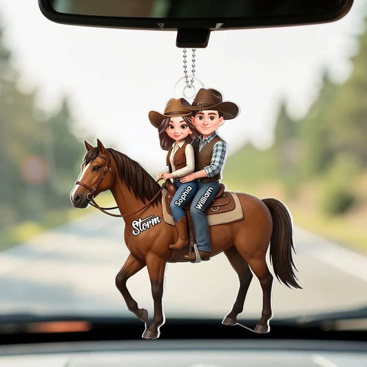 Personalized Acrylic Car Hanger Cute Cartoon Couple Riding a Horse, Unique Car Mirror Decor Gift for Horse Lovers