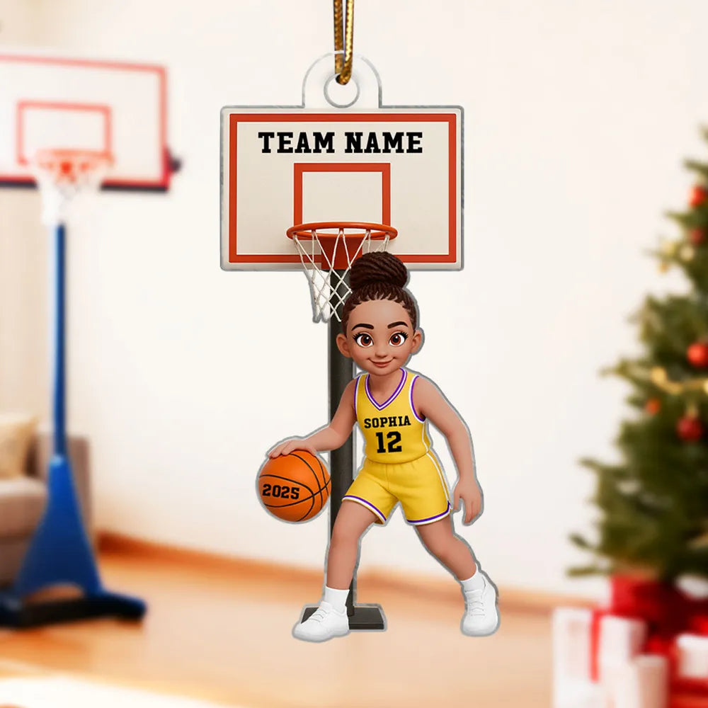 Acrylic Ornament, Cute Basketball Girl Dribbling on Indoor Court, Personalized, Creative Gift for Daughter, Player, or Coach