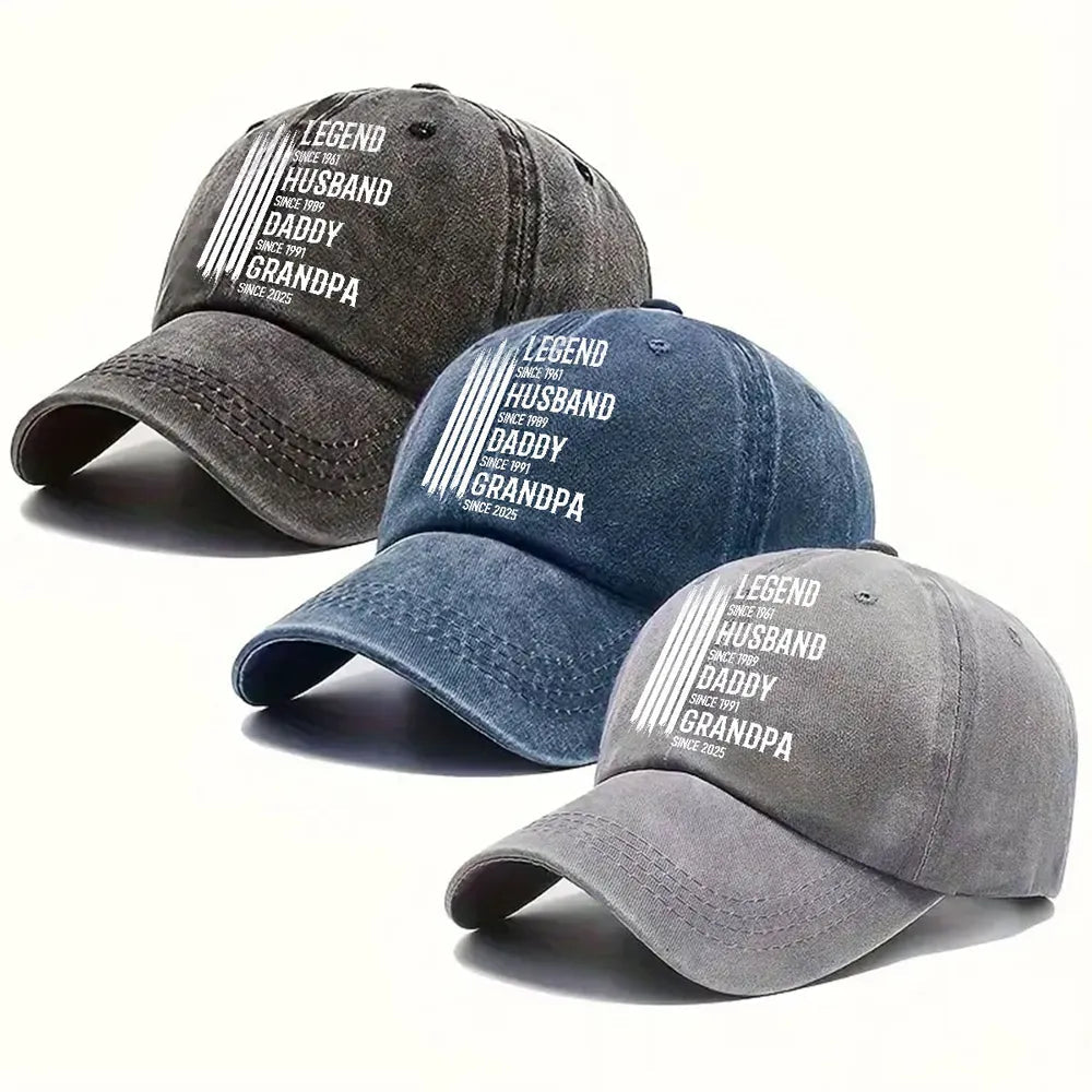 Personalized Washed Denim Baseball Cap 'Legend Husband Daddy Grandpa' Vintage Look Casual Gift for Dad