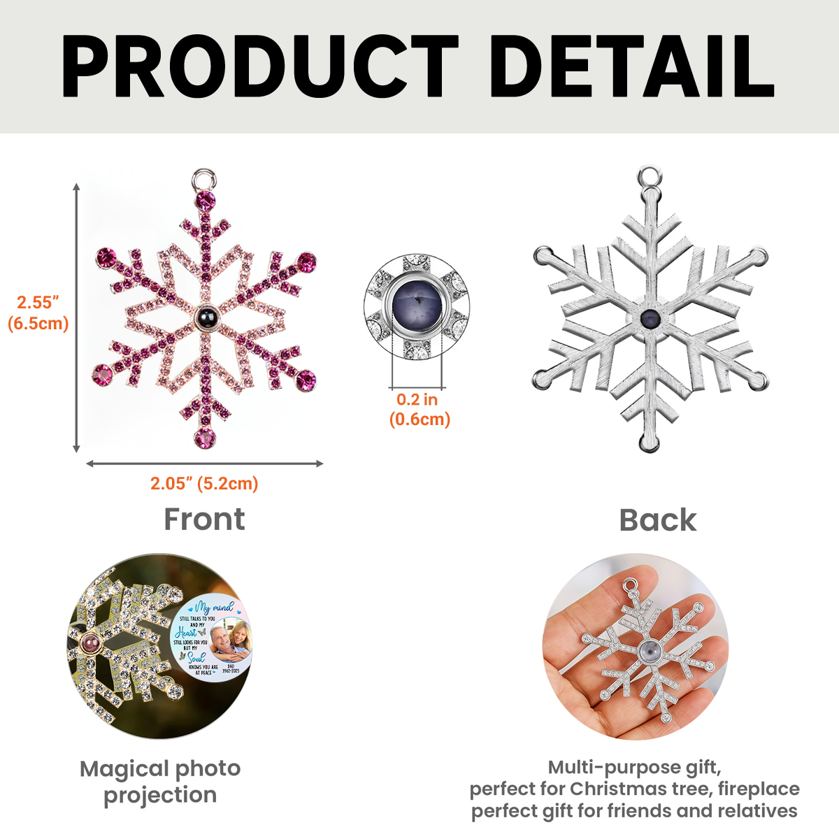 Personalized Photo Projection Ornament for Mom Remembrance – Snowflake Keepsake, Comforting Holiday Gift with Heartfelt Message