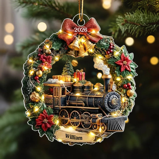 Cozy Lighted Train Wreath Acrylic Ornament, Personalized Keepsake For Holiday Home Decorating, Unique Creative Gift