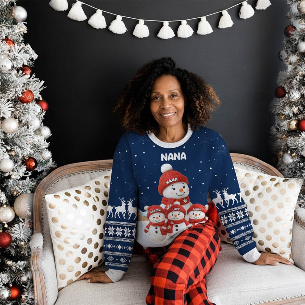 Grandma Snowman Family Sweatshirt, Personalized All-Over Print, Snowy Village Scene, a Unique Christmas Gift for Grandma