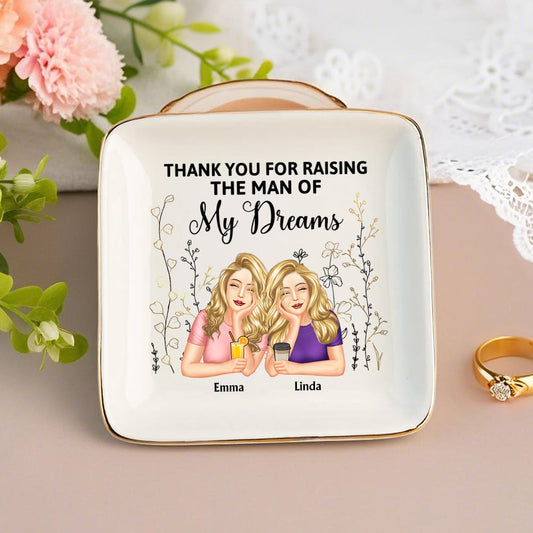 Thank You for Raising Me – Personalized Ceramic Jewelry Dish for Mother with Custom Names, Perfect Gift for Mother’s Day, Birthdays, or Special Occasions