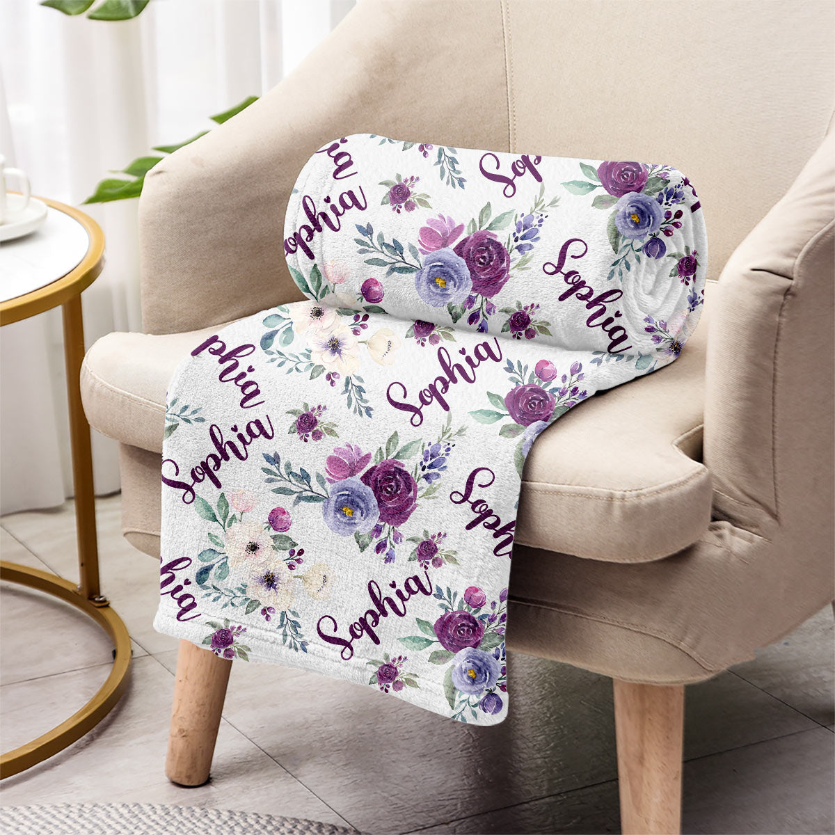 Custom Name Purple Flowers - Personalized Sibling Blanket