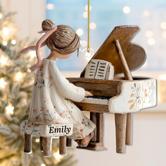 Acrylic Ornament of a Sweet Girl at the Piano, Personalized Keepsake for Holiday Celebration, Thoughtful Gift